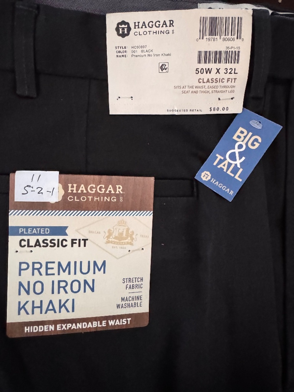 Haggar Mens 50x32 Premium No Iron Khaki Black Pleated Classic Fit NWT